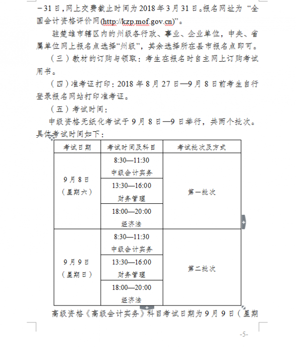 2018年云南楚雄州高級會計師考試報名時間