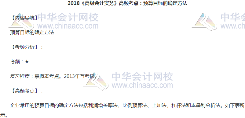 高級會計職稱《高級會計實(shí)務(wù)》高頻考點(diǎn)：預(yù)算目標(biāo)的確定方法