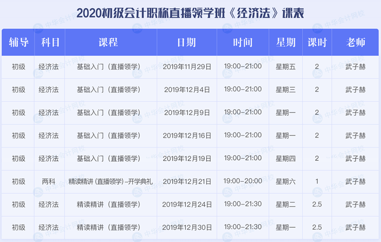 2020初級會計職稱考試直播領學班《經(jīng)濟法基礎》課程安排表