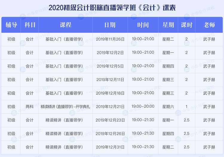 2020初級會計職稱考試直播領(lǐng)學(xué)班《初級會計實務(wù)》課程安排表