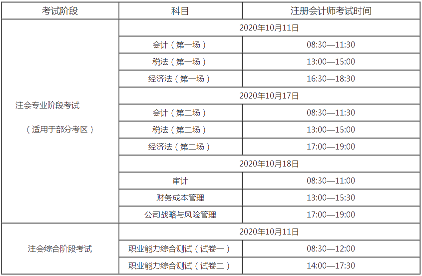 2020注會考試科目時間表