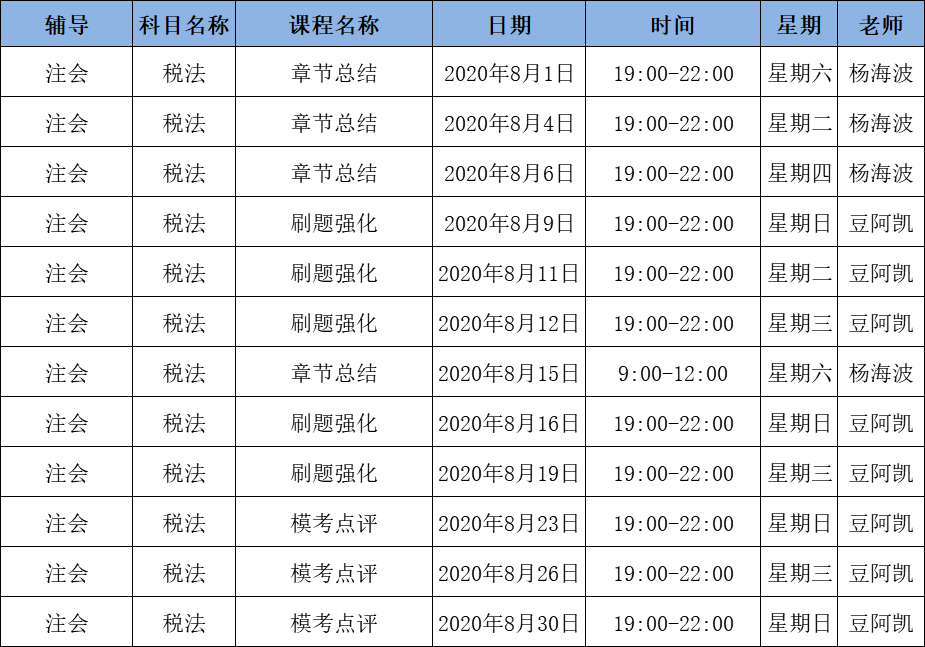 2020年注會C位沖刺密卷班《稅法》課表