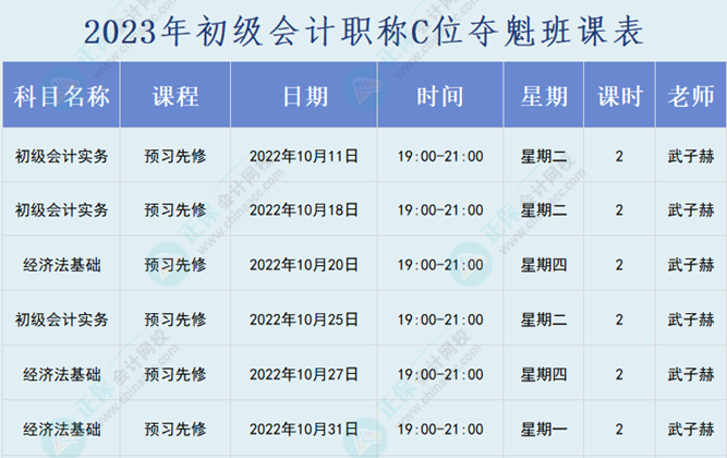 2023年初級會計職稱C位奪魁班直播課表表