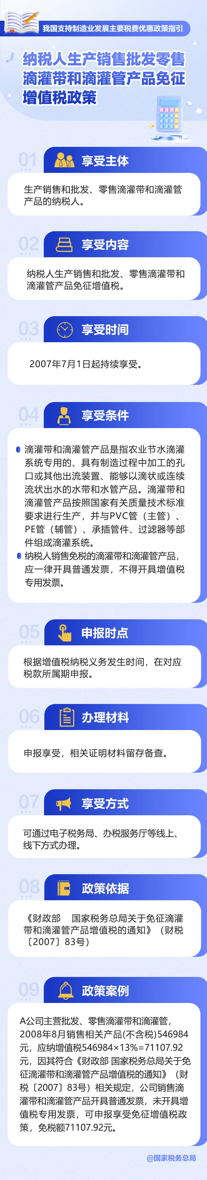 納稅人生產(chǎn)銷售批發(fā)零售滴灌帶和滴灌管產(chǎn)品免征增值稅政策