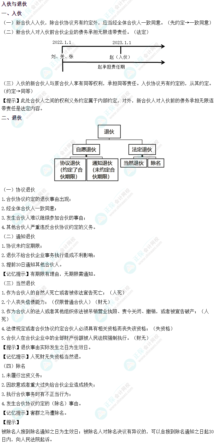 2024中級會計《經(jīng)濟法》必會考點-入伙與退伙