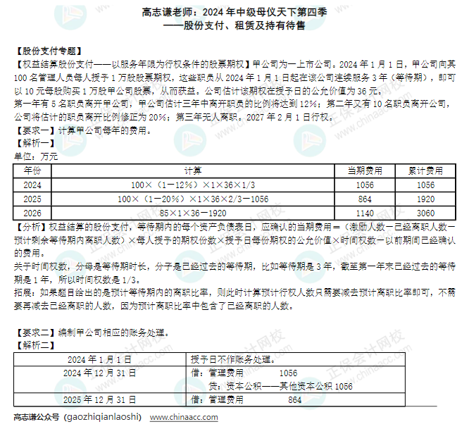 【答案】2024年《中級會計實務(wù)》母儀天下第四季-股份支付、租賃及持有待售