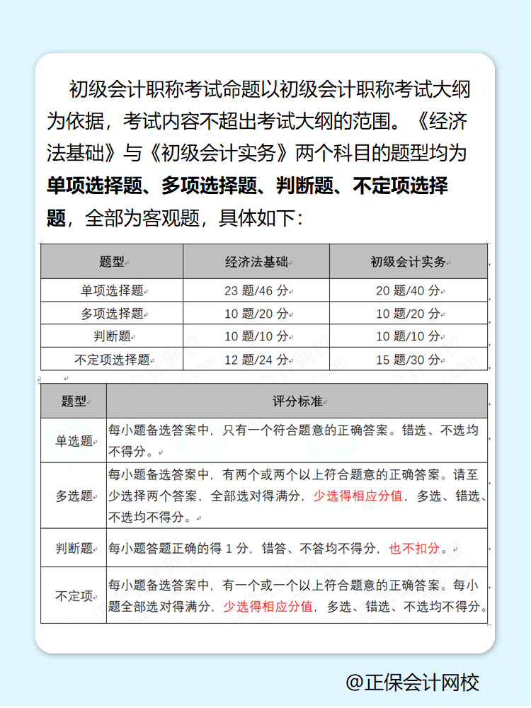 了解一下！初級(jí)會(huì)計(jì)職稱(chēng)考試題型內(nèi)容與分值分布